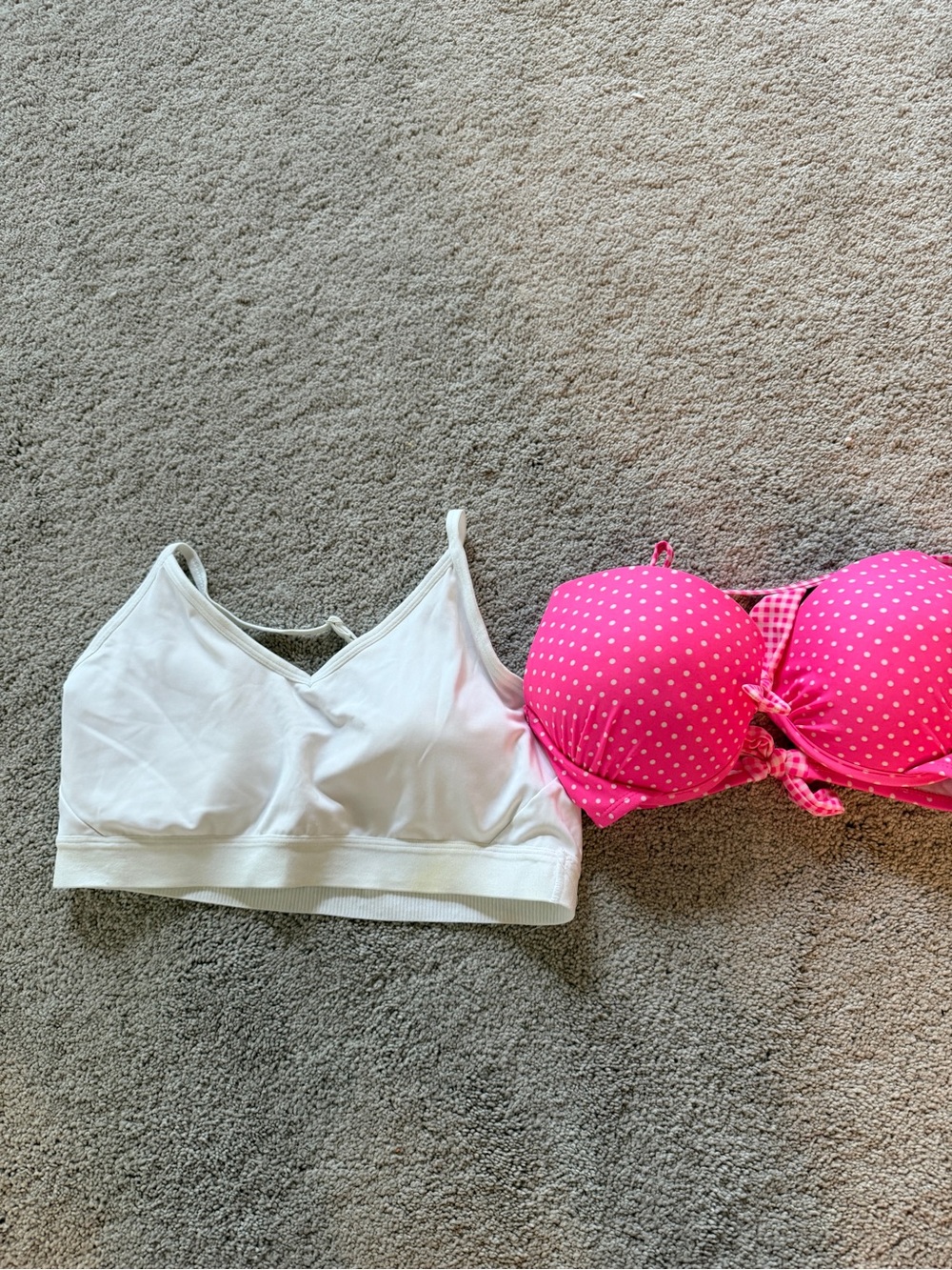 Bra lot size large White Wireless Bralette and Pink Polka Dot Bikini Top Set